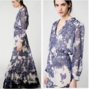 Mango MNG blue and white chiffon like long sleeve layered embroidered boho dress